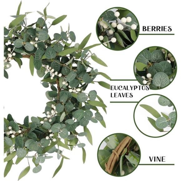 20in Artificial Eucalyptus Wreath for Front Door Fall Wreath Green Leaf Wreath - Picture 6 of 7